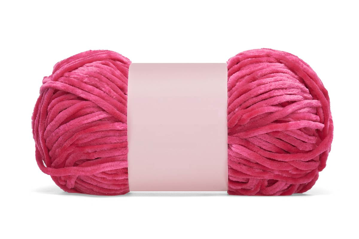 Juicy Luxe Velour yarn skein Free Love bright pink color thinnner than luxe velour XL bulky weight number 5 luxe shiny yarn
