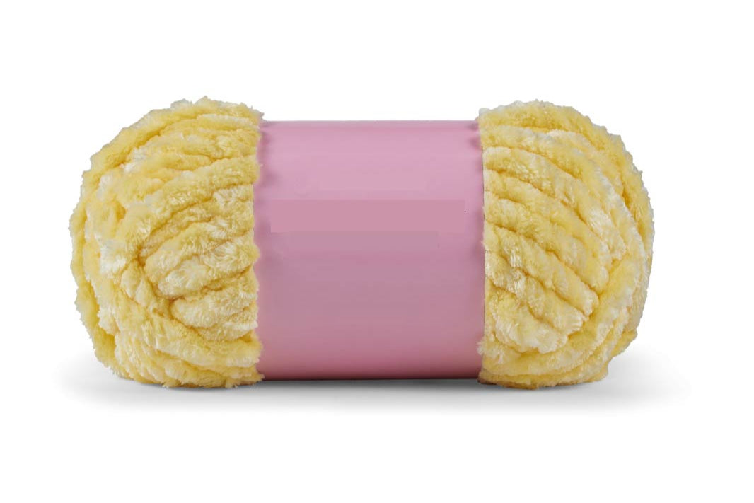 Luxe Velour XL Juicy yarn yellow pear color single skein pink purple band shiny silky luxurious crafting hats sweaters
