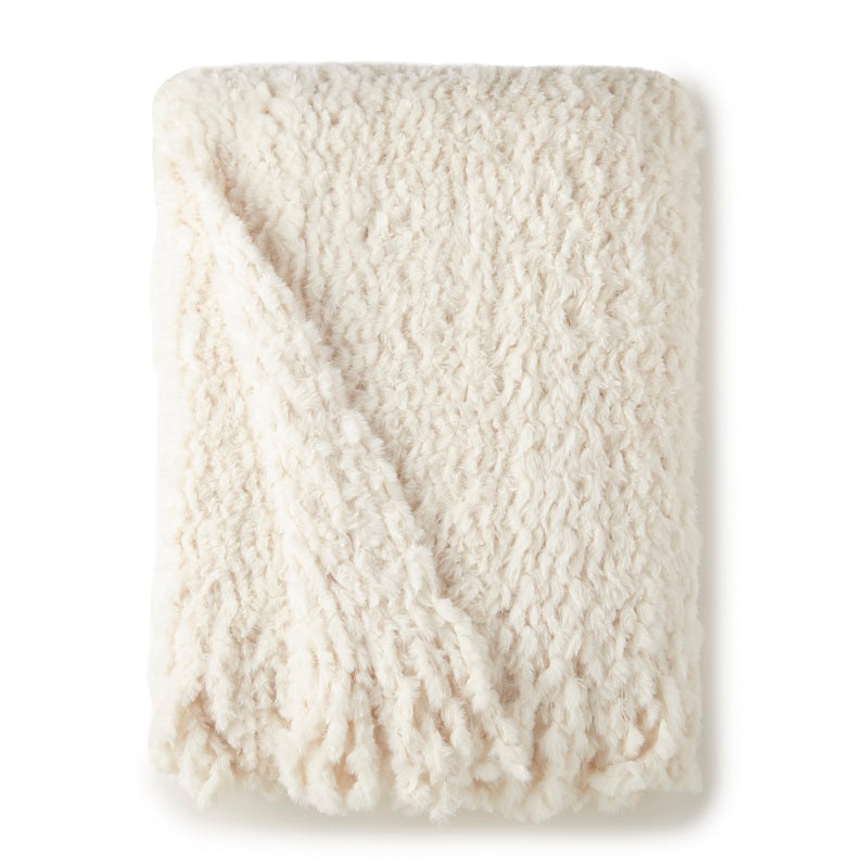 Fringe Knit Rabbit Fur Throw